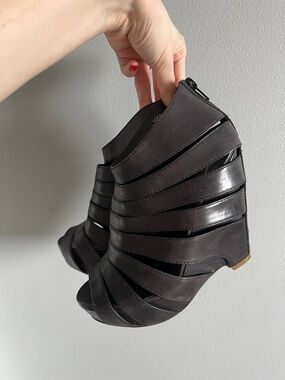 Leather Black Strappy Peep-Toe Wedge Booties